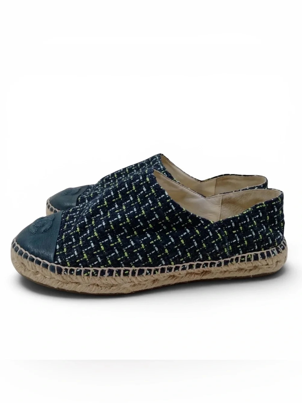 NWOT CHANEL CC Logo Cap Toe Navy Tweed Espadrille Flats Size EU 39